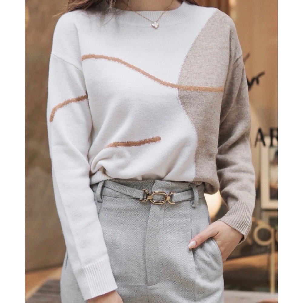 Petite Studio Lexi 100% Merino Wool Abstract Sweater S Cream Brown Classic